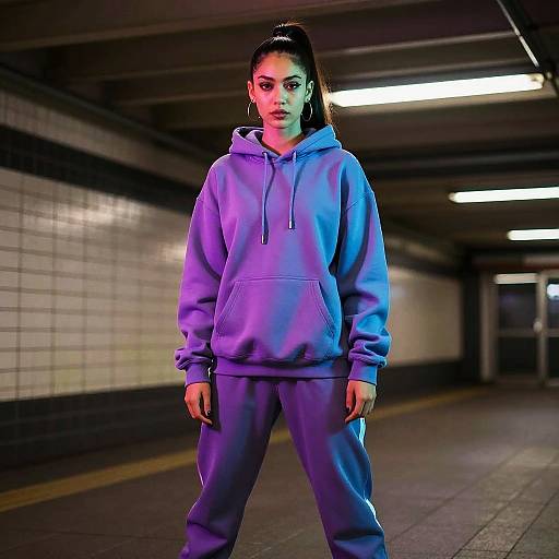 Photograph of a serious young woman with dark hair in a ponytail, wearing a purple hoodie and matching pants, standing in a dimly lit,