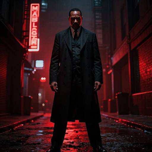 Dark, moody photograph of a serious man in a long black coat standing in a neon-lit, rain-soaked alleyway at night. Red