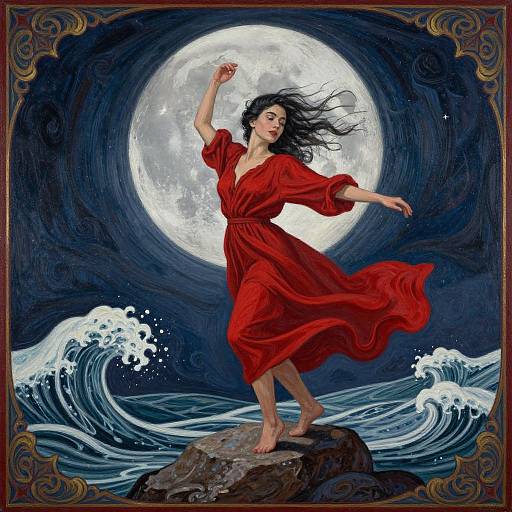 Digital painting of a wind-swept, dark-haired woman in a flowing red dress, dancing on a rock under a full moon, with crashing ocean