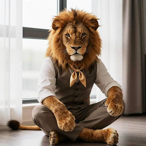 Lion Hybrid Male in Tailored Waistcoat Sitting Indoors