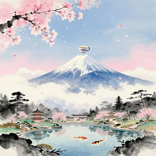 Digital painting of a serene Japanese landscape with Mount Fuji, cherry blossoms, traditional pagodas, a pond with koi fish, and a tea