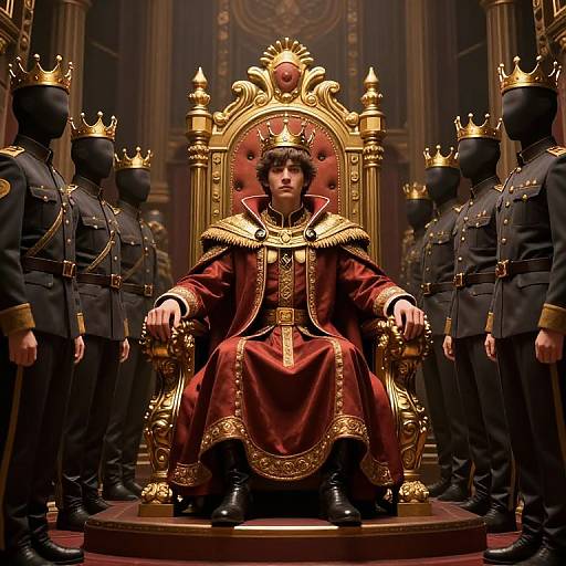 Digital artwork: Young king with brown hair, red and gold regal robe, crowned throne, flanked by six black-crowned guards in uniform.