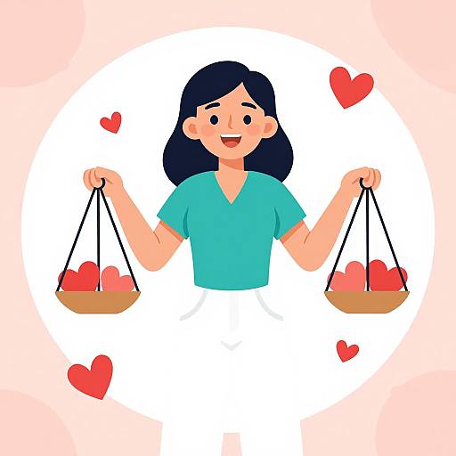 Cartoon of a smiling woman with black hair in a teal shirt, balancing heart-shaped objects on scales, surrounded by red hearts.