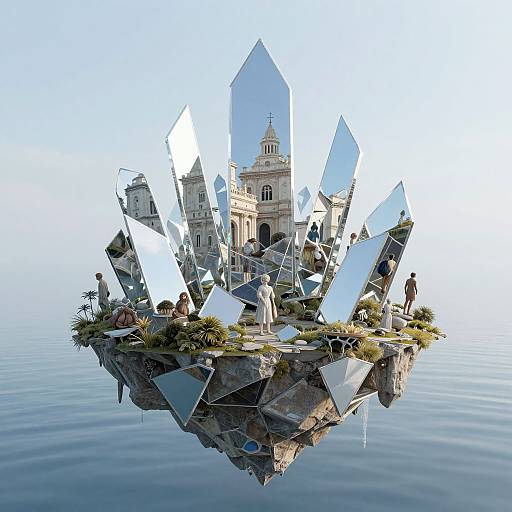 Surreal digital artwork: floating island with shattered mirrors reflecting a grand classical building, surrounded by figures in white robes, on calm water.