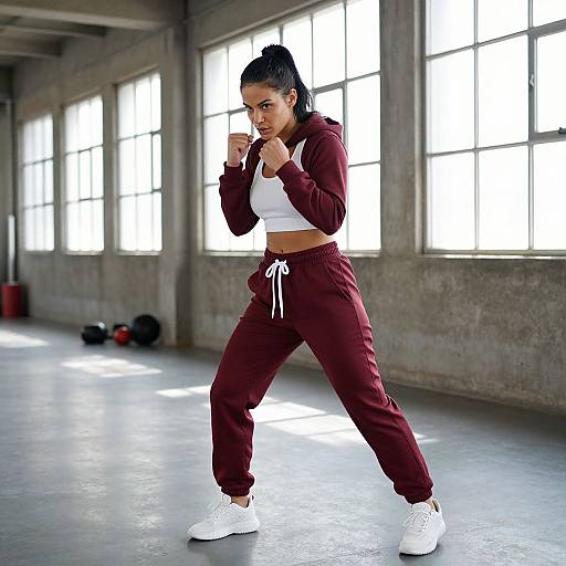 Photograph of a fit Black woman with dark hair in a ponytail, wearing maroon tracksuit and white sneakers, boxing stance in a sunlit