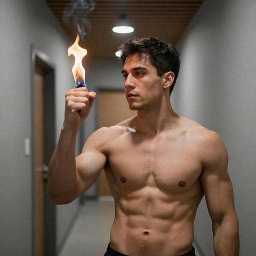 Man with Flame in Modern Hallway