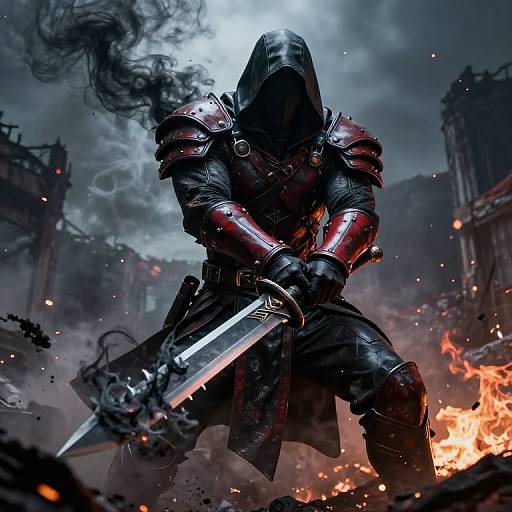 Digital artwork of a hooded, armored warrior wielding a glowing sword, surrounded by smoke and flames in a ruined cityscape.