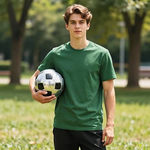 Young Man Holding Silver Soccer Ball in Park