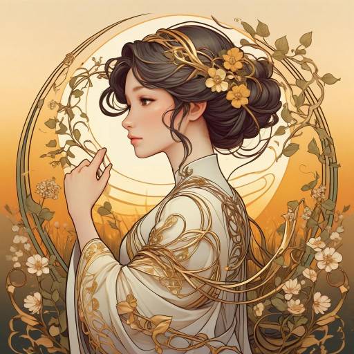 Art Nouveau Anime Character in Floral Setting