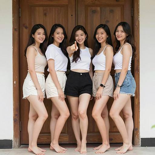 Five Joyful Women by Wooden Door