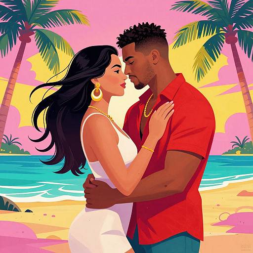 Digital illustration of a black man and woman, standing on a tropical beach, kissing. He wears a red shirt, she a white dress, with palm