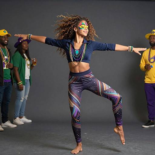 Photograph of a curly-haired woman dancing with outstretched arms, wearing a navy crop top, colorful patterned leggings, and face paint, surrounded