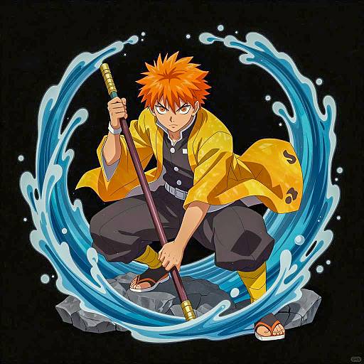 Determined Anime Warrior in Blue Water