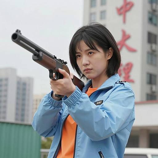Urban Asian Woman with Gun in Daylight