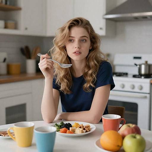 Young Woman at Cluttered Kitchen Table