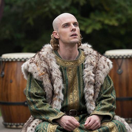 Medieval Man in Ornate Robe with Fur Trim