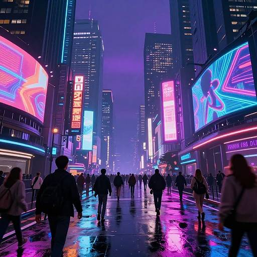 Neon-lit, rainy urban night scene photograph of a bustling city street with colorful digital billboards, reflecting on wet pavement, crowded with pedestrians.