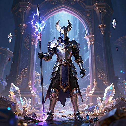 Digital artwork of a armored, horned warrior holding a glowing staff, surrounded by floating crystals in a mystical, illuminated temple.