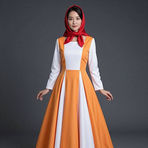 Photograph of an Asian woman with fair skin, wearing a red headscarf, white long-sleeve top, and orange-and-white full-length