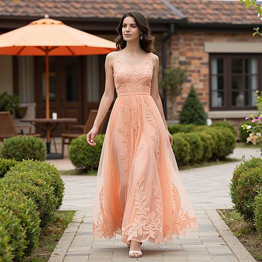 Elegant Woman in Coral Lace Dress