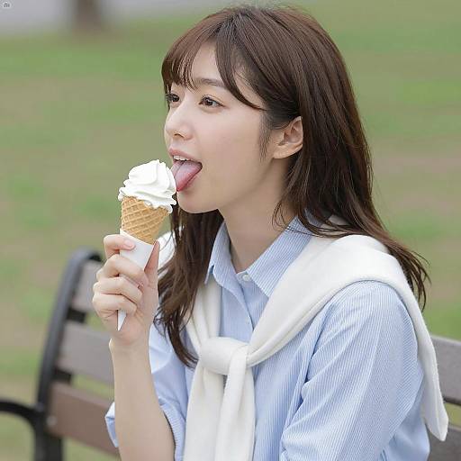 Japanese Woman Enjoying Ice Cream Outdoors