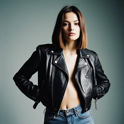 Fashion Model with Blunt Straight Hair and Leather Jacket