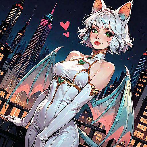 Anime-style digital drawing of a white-haired, green-eyed bat-girl with wings, wearing a tight white outfit, set against a neon-lit cityscape