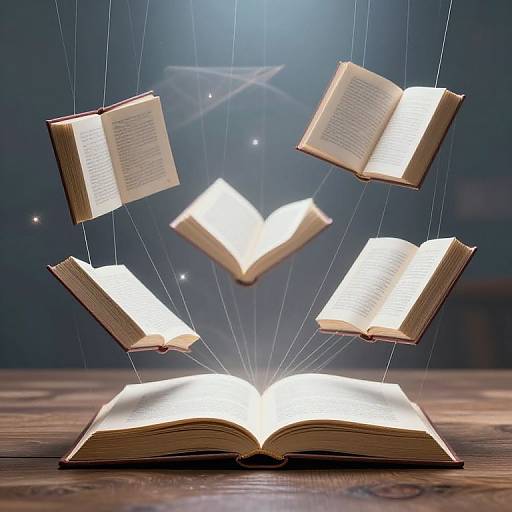 Photograph of an open book on a wooden table, with five glowing books suspended above by invisible strings, illuminated in a dark, blurred background.