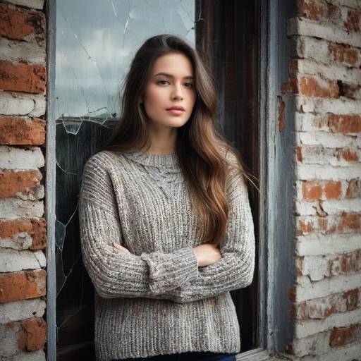 Young woman in knit sweater by broken window