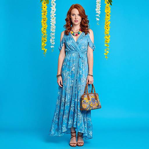 Photograph of a red-haired woman in a blue floral dress, holding a patterned handbag, against a bright blue background with yellow and white flower