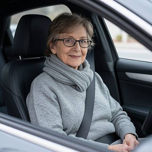 Elderly Woman Smiling in Modern Car