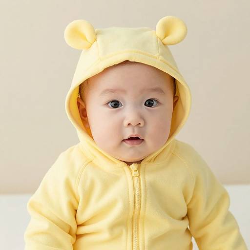 Photograph of a cute baby with fair skin, wearing a yellow hooded onesie with bear ears, and wide blue eyes, against a plain white
