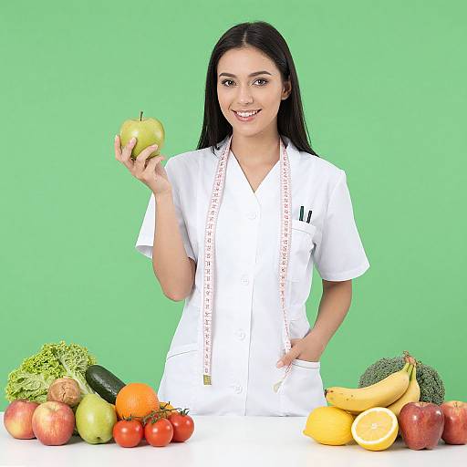 Photograph of a smiling woman with long black hair, wearing a white nurse's uniform, holding a green apple, surrounded by various colorful fruits against a