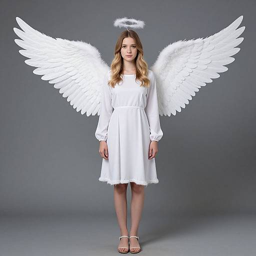 Photograph of a young blonde woman with white angel wings, halo, white dress, and sandals, standing against a gray background.