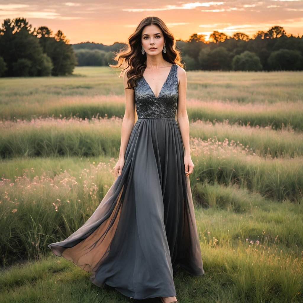 Elegant Woman in Pastel Sunset Meadow