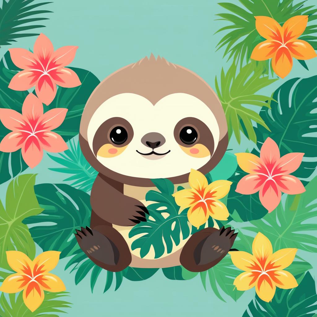 Chibi Sloth with Tropical Flower Art