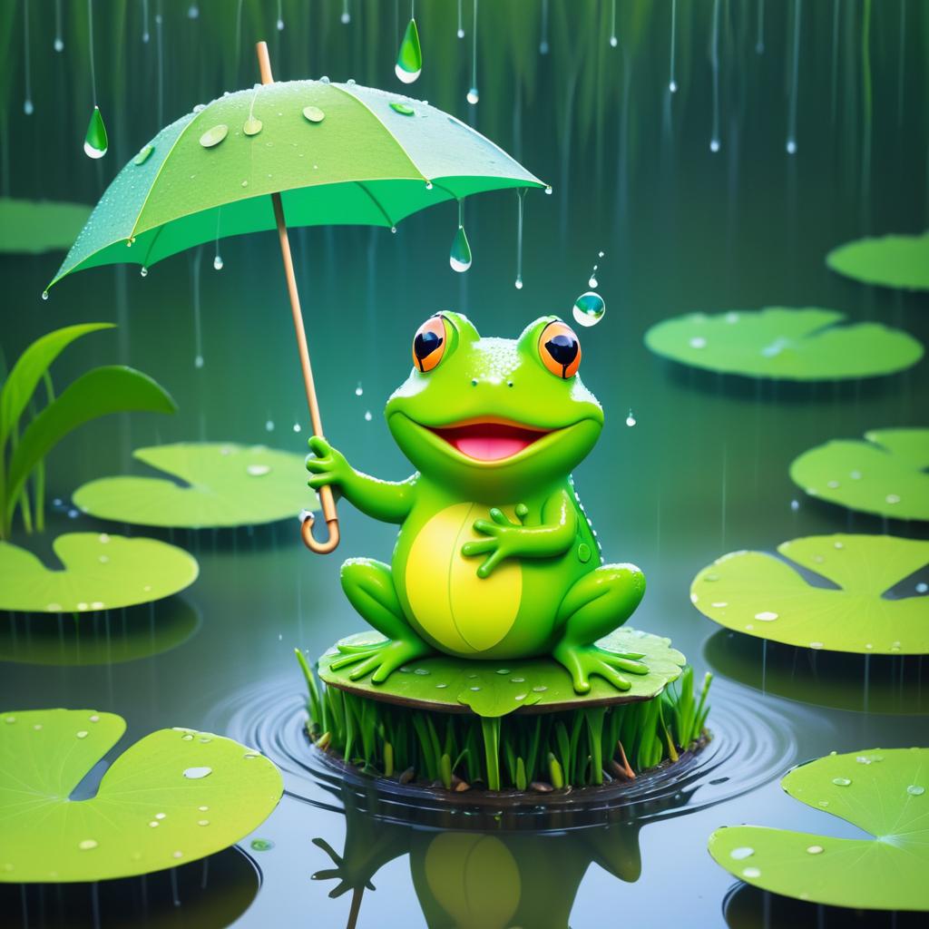 Cheerful Frog with Umbrella in Rain