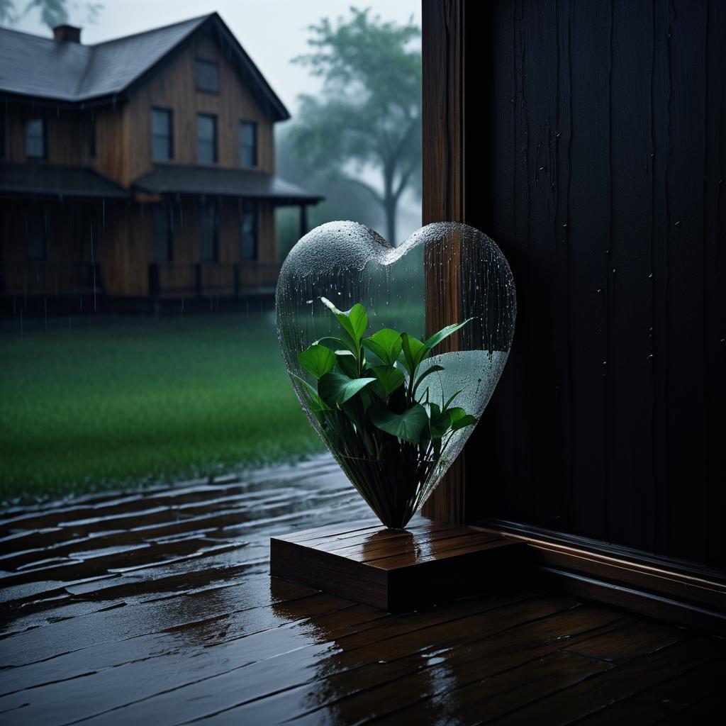 Wooden Heart in Rain with Vase