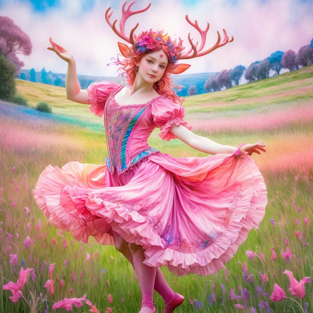 Magical Dancing Pink Faun in Meadow