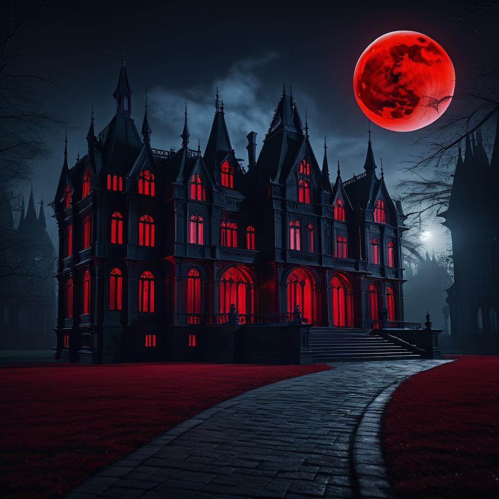 Cinematic Gothic Mansion Under Blood Moon