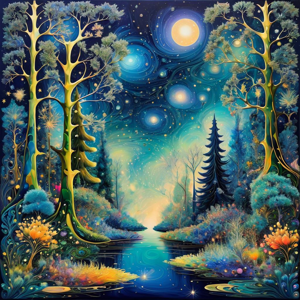 Elegant Surrealist Forest with Galaxies