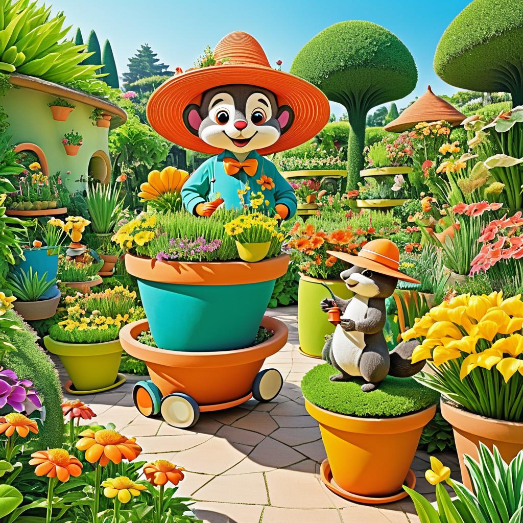 Whimsical Gardener with Squirrel Companion