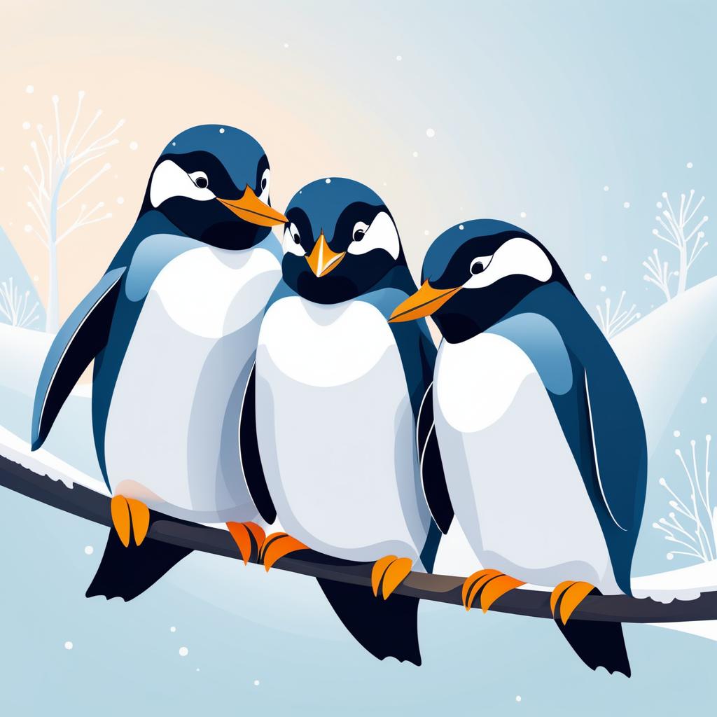 Whimsical Penguins Cuddling on a Branch