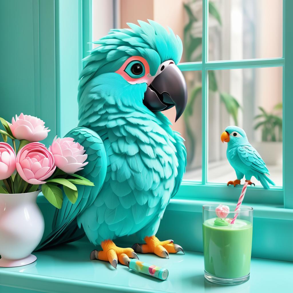 Fluffy Teal Parrot Enjoying a Milkshake