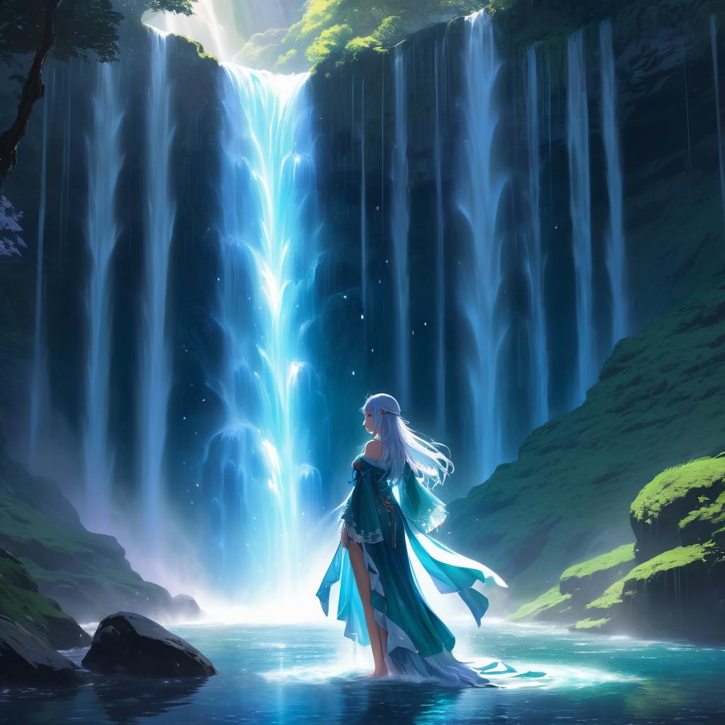 Mysterious Sorceress in Ethereal Waterfall