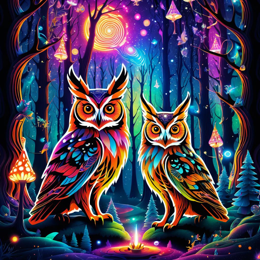 Vibrant Psychedelic Owl and Fox Artwork