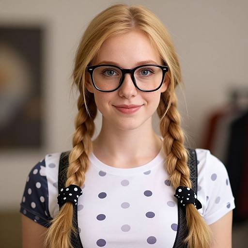 Photograph of a young blonde woman with braided hair, black-framed glasses, white polka dot shirt, black polka dot suspenders,