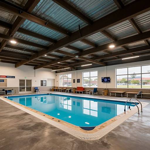 Photograph of an indoor swimming pool with blue water, metal beam ceiling, concrete floor, white-tiled edges, and large windows.