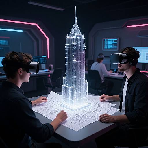 Photograph of two men in VR headsets, designing a glowing, wireframe skyscraper on a holographic table in a futuristic, neon-lit