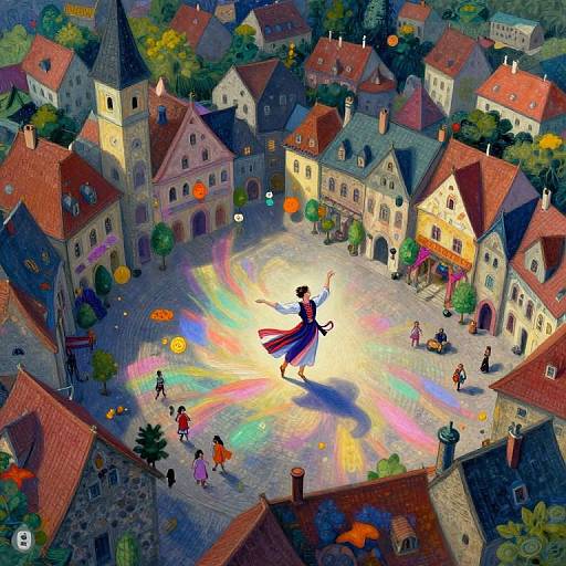 Digital painting of a vibrant, colorful town square with a silhouetted figure casting a rainbow light, surrounded by people and red-roofed buildings